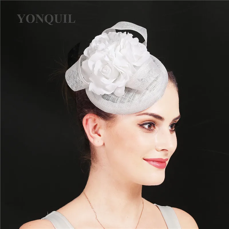 

White Sinamay Flower Wedding Hats For Bride Fascinator Elegant Women Fashion Headpiece With Headbands Marriage Millinery Cap