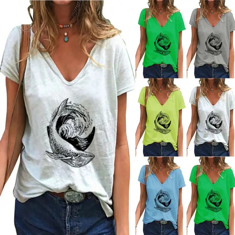 

Womens Short Sleeve V Neck T Shirt Ladies Animal Print Casual Loose Tops Blouse