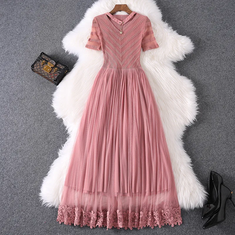 

Женское кружевное платье-миди, с коротким рукавом, V-образным вырезом и вышивкой, розовое, весна-лето, 2020