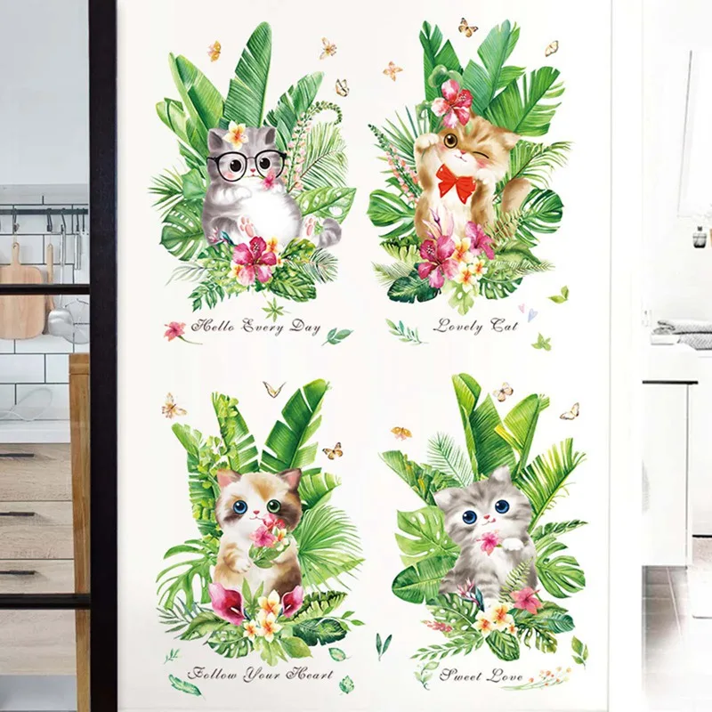 

Cute Cat Potted Decorative Wall Stickers Kitten Green Plants Stickers for Home Wall Windows Decor Home Cartoon Animal Stickers