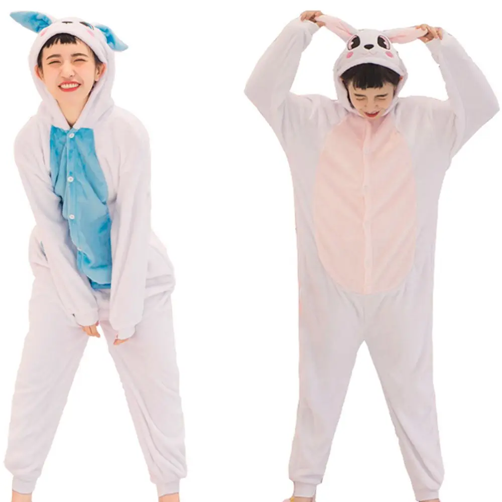 Winter Flannel Kigurumi Women Men Onesies Cute Cartoon Animal Rabbit Pajamas Set Unisex Pyjama Pijama Sleepwear