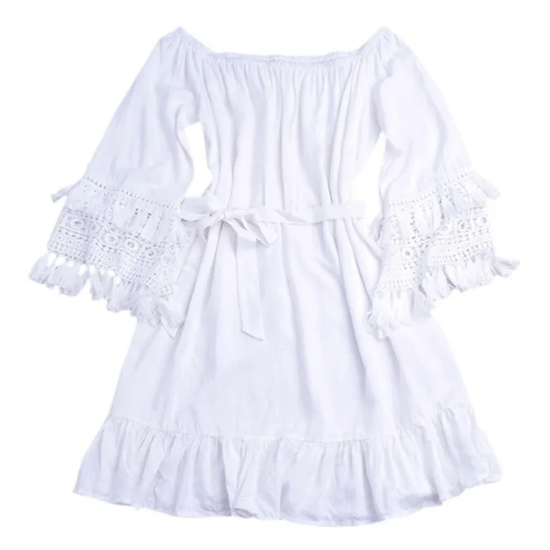 2020 New Swimsuit Cover-ups Summer Women Beach Wear White Cotton Tunic Dress Off Shoulder Bikini Cover Up Bathing Suit | Женская одежда