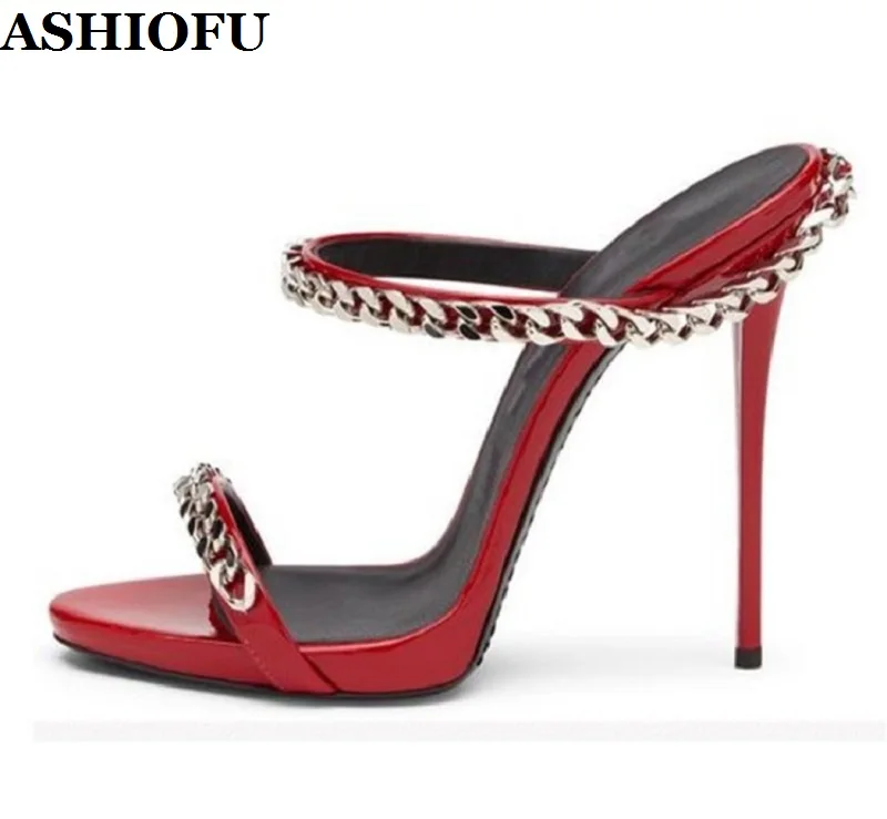 

ASHIOFU Handmade Ladies Sky-heel Sandals Chains Deco Sexy Club Party Summer Shoes Stripper Dance Evening Fashion Sandals Shoes