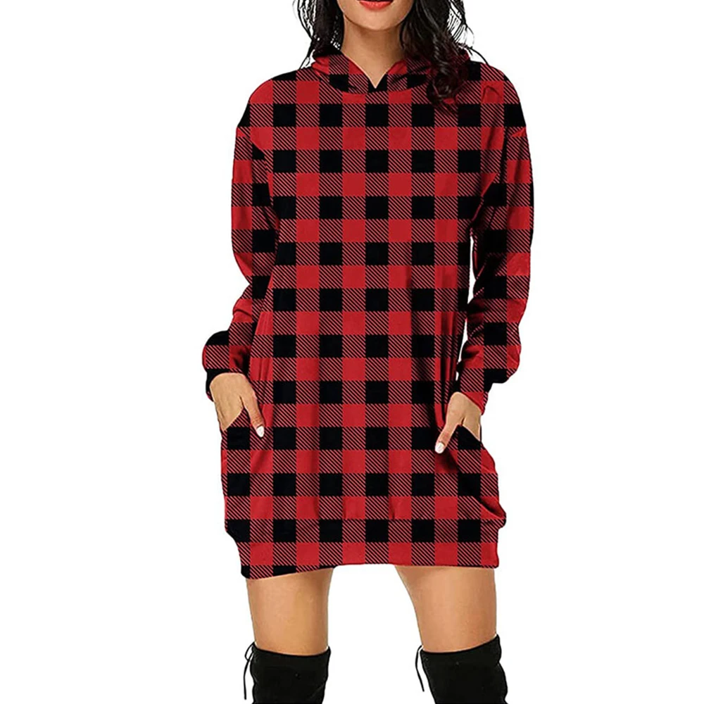 

Autumn Winter Hooded Long Sleeve Women's Sweatshirt Dress 2022 Fashion Plaid Loose Pocket Ladies Mini Hoodies Dresses Vestidos