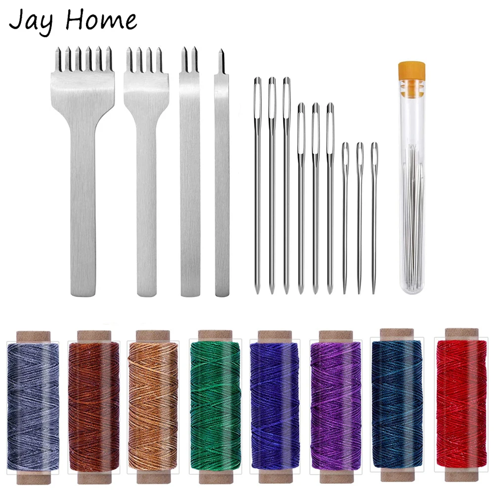 

21Pcs Leather Sewing Tools with 4mm Prong Punch Chisel Waxed Thread Large-Eye Stitching Needles for Leather Hole Punching Stitch