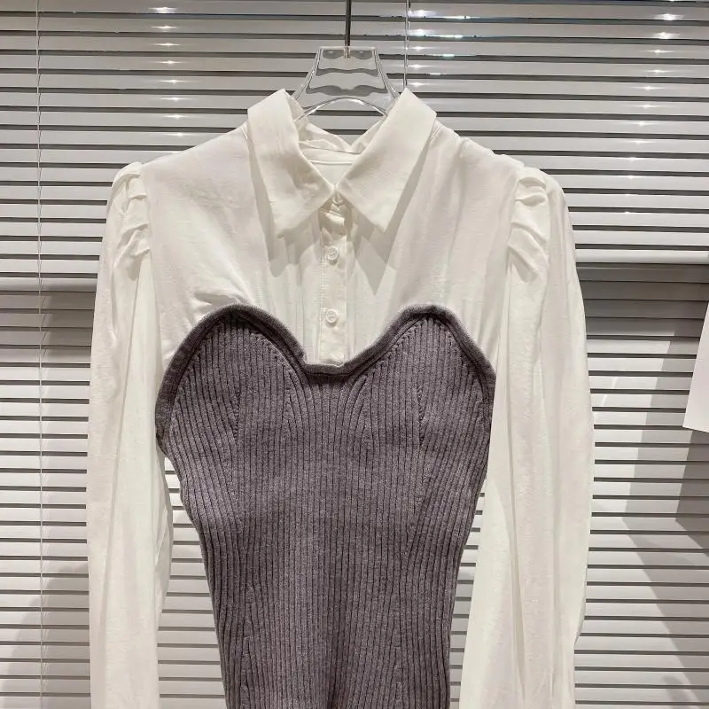 

2021 Spring New Puff Sleeve Design Shirt Knitted Patchwork Slim Blouse Graceful Women Tops