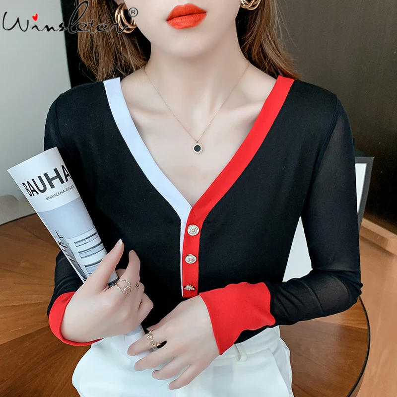 

Fall Winter Color Blocking T-Shirt Fashion Preppy Style Sexy V-Neck Button Long Sleeve Tops Women 2021 New Pullover Tees T1D517A