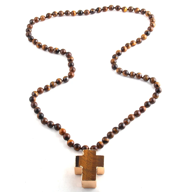 Rh Mode Kralen Sieraden Tiger Eye Stones Lange Geknoopt Semi Precious Tijgeroog Cross Hanger Kettingen Rh Mode Kralen Sieraden Tiger Eye Stones Lange Geknoopt Semi Precious Tijgeroog Cross Hanger Kettingen