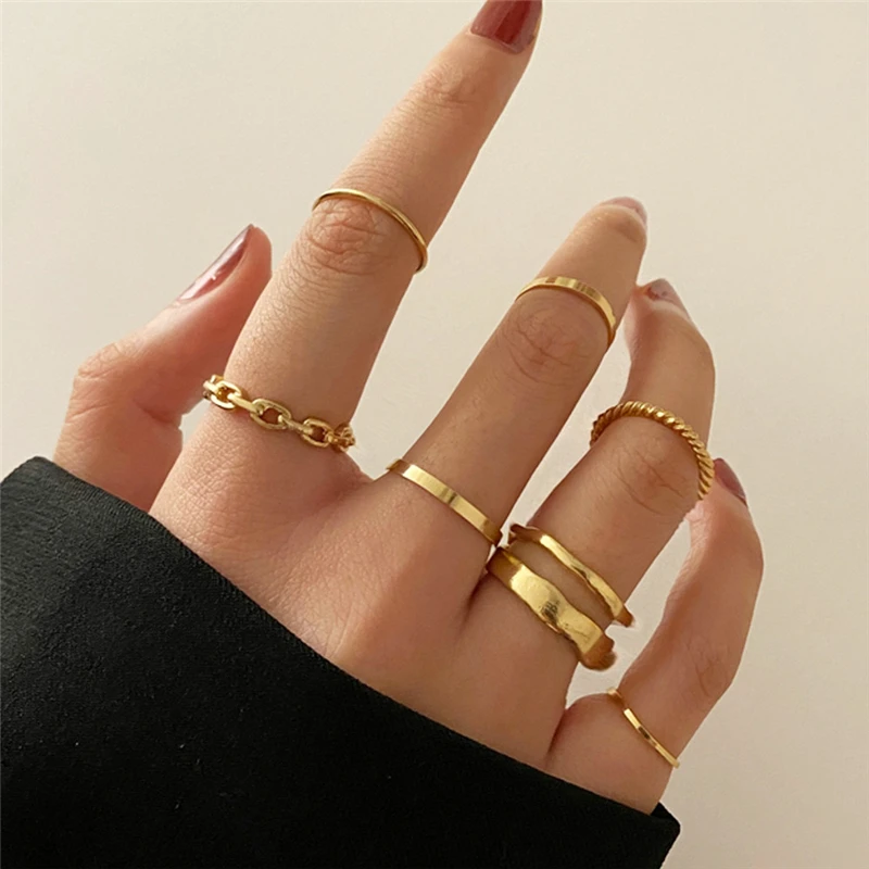 

Punk Hip Hop Gold Chain Rings Set For Women Girls Fashion Geometric Simple Finger Rings Vintage Jewelry Party Gifts