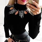 Модная женская блузка со стразами, Повседневная зимняя пикантная облегающая женская рубашка с круглым вырезом и длинным рукавом, пуловер