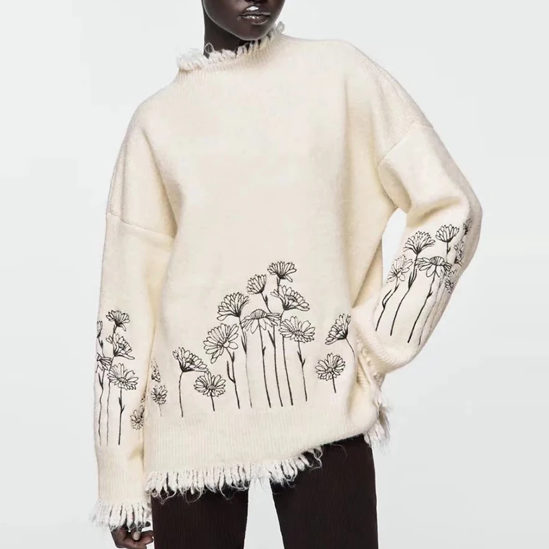 

Za 2022 Winter Women Embroidery Knitted Sweater Fashion Tassel Coats O-Neck Warm Casual Soft Long Sleeve Streetwear