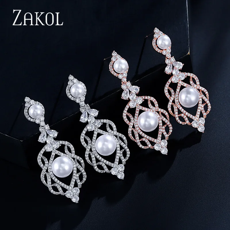 ZAKOL роскошные длинные висячие серьги с цветами и фианитами для элегантных женщин