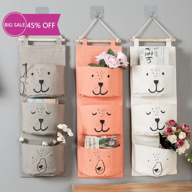 

Cotton Linen Waterproof 3 Pocket Hanging Bag Wardrobe Storage Bag Behind The Door Fabric Storage Bag Wall Hanging Storage Bag