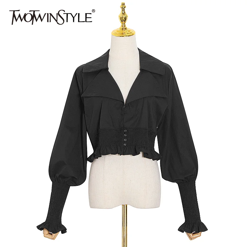 

Женская короткая блузка TWOTWINSTYLE, белая Повседневная рубашка с отложным воротником и длинным рукавом, с рюшами, осень 2020