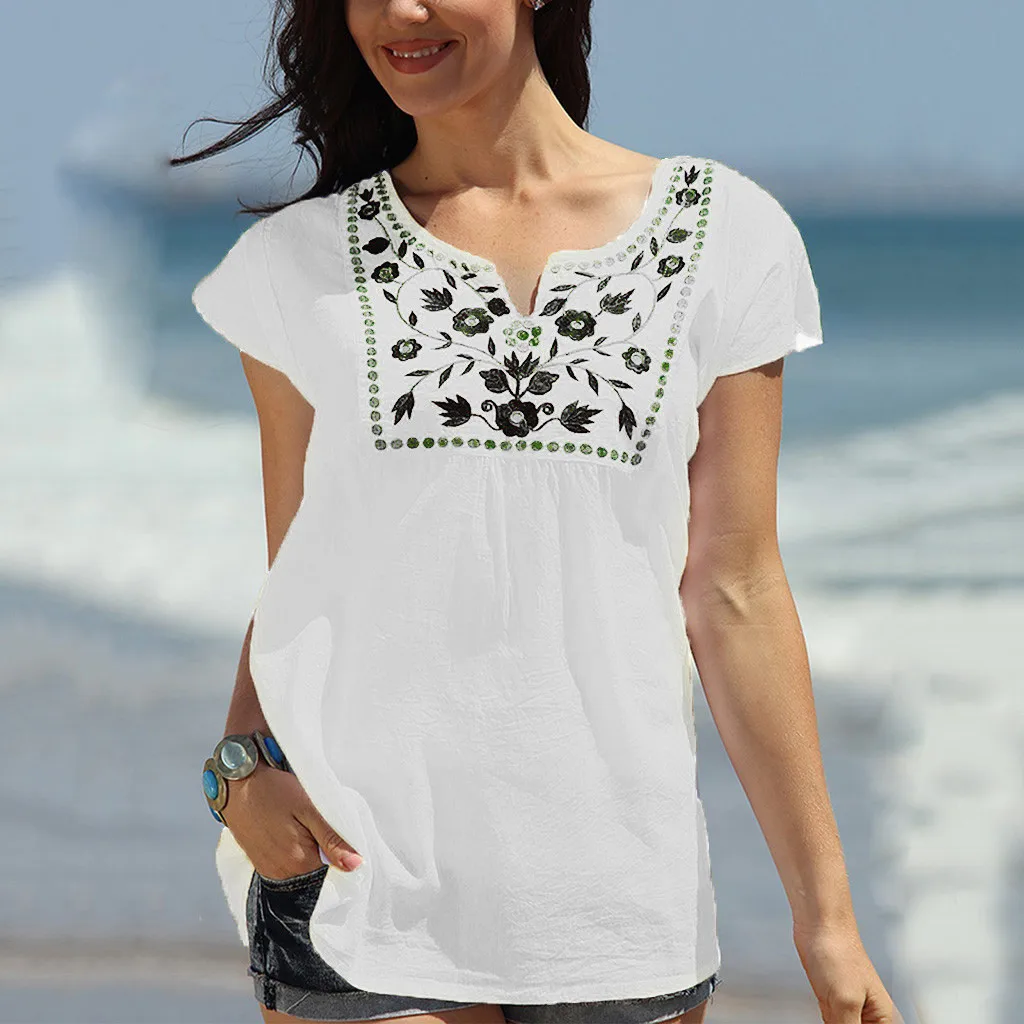 Women Short Sleeve T-shirt Ladies Summer Casual V Neck Vintage T Shirts Patchwork Solid Loose Tops Clothing Camiseta 2021 | Женская