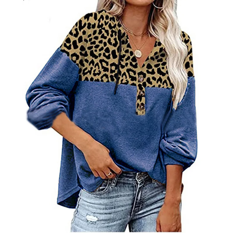 

2021 Fashion Women Sweater Casual Hot Sale Hooded Collar Pullover Leopard Pattern Stitching Drawstring Loose Knit Sweater