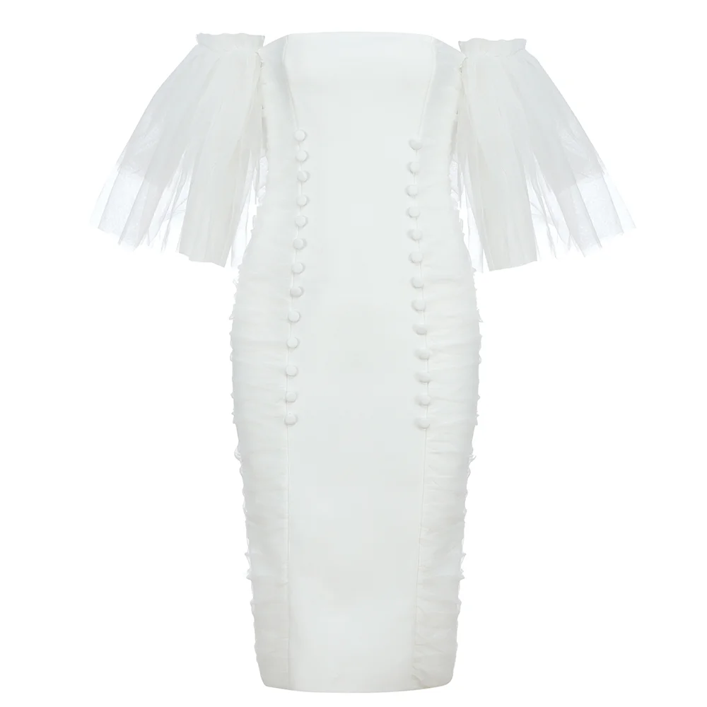 Женское облегающее платье с открытыми плечами белое Сетчатое вечернее лето 2020 |