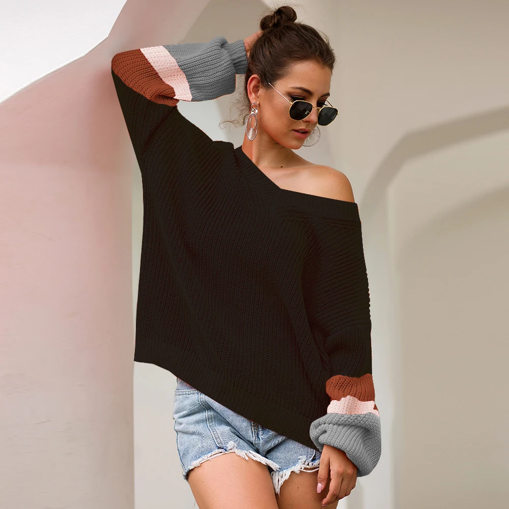 Autumn Women V Neck Off Shoulder Sweater 2019 Winter Lantern Sleeve Loose Sweaters Pullover Streetwear Patchwork Jumper Female | Женская