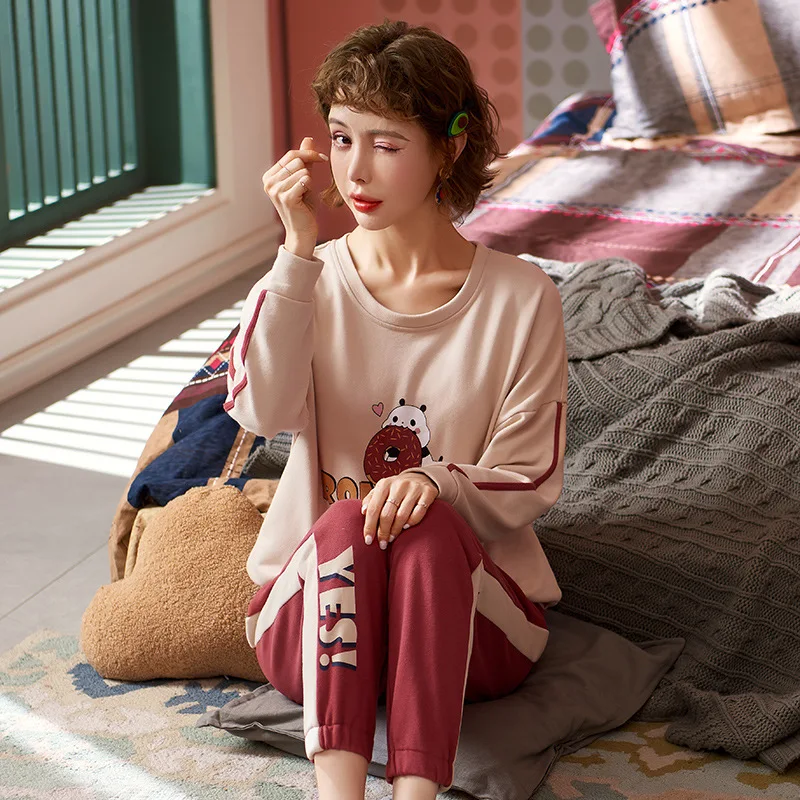 

Pure Cotton Autumn Sleepwear 2Piece/Set Home Clothes Female Long Sleeve Pajamas Set Women Sweet Princess Cute Pyjamas