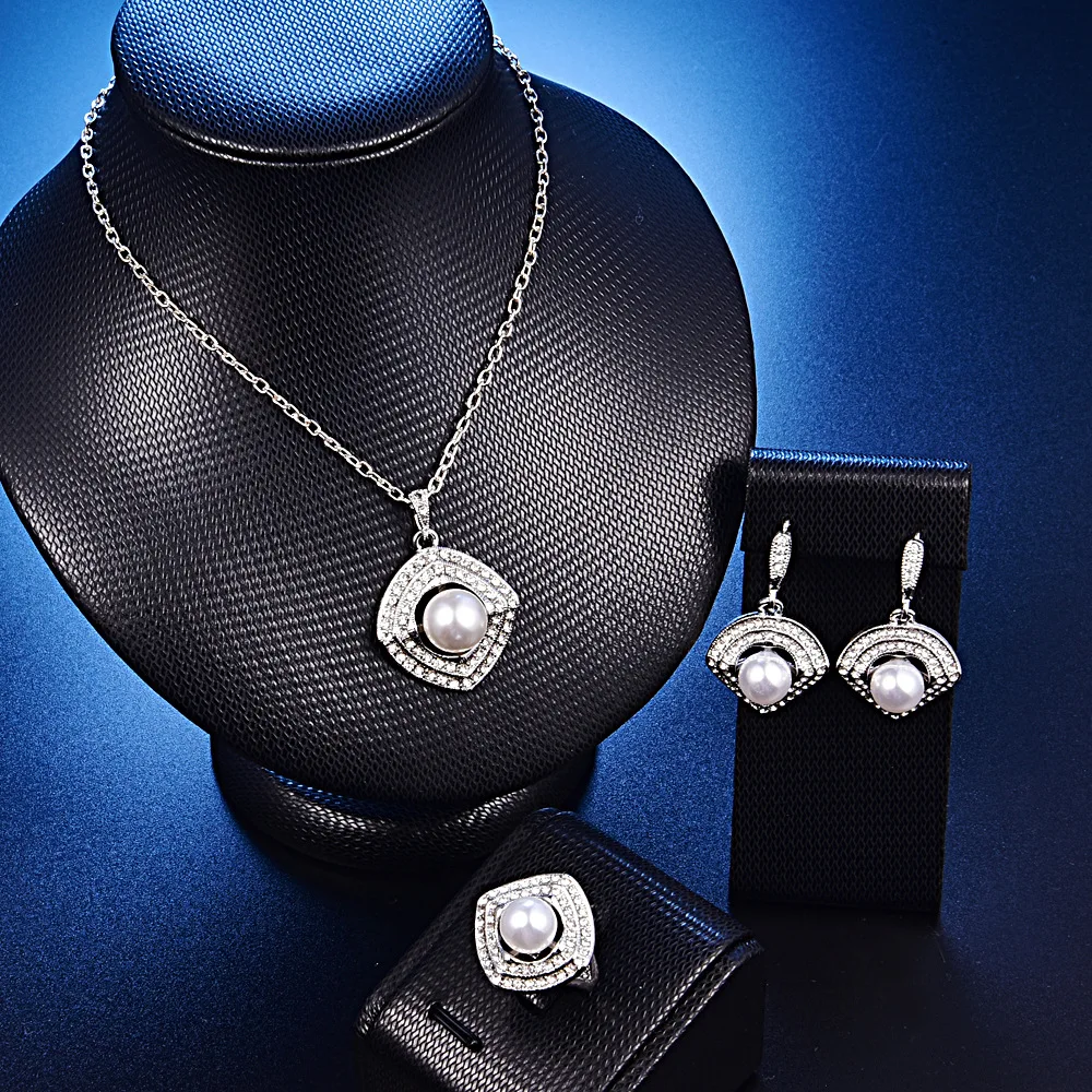 TSHOU187 Свадебный квадратный жемчужный комплект ожерелье серьги кольцо из трех