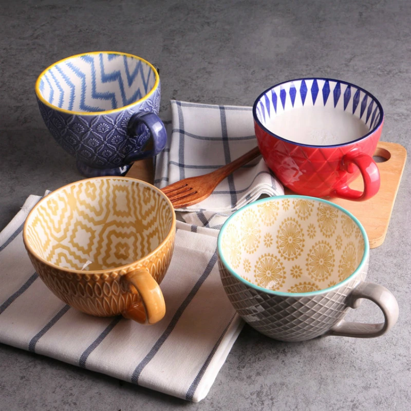 

Ceramic Hand Painted Coffee Cup Mug for Tea Creative Teacup Vintage Breakfast Cups Cafe Embossed Tea Cup Colorful Handpainted