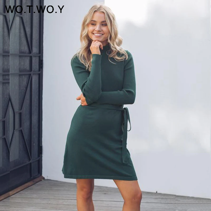 WOTWOY осенне зимнее Повседневное платье с поясом и круглым вырезом элегантное