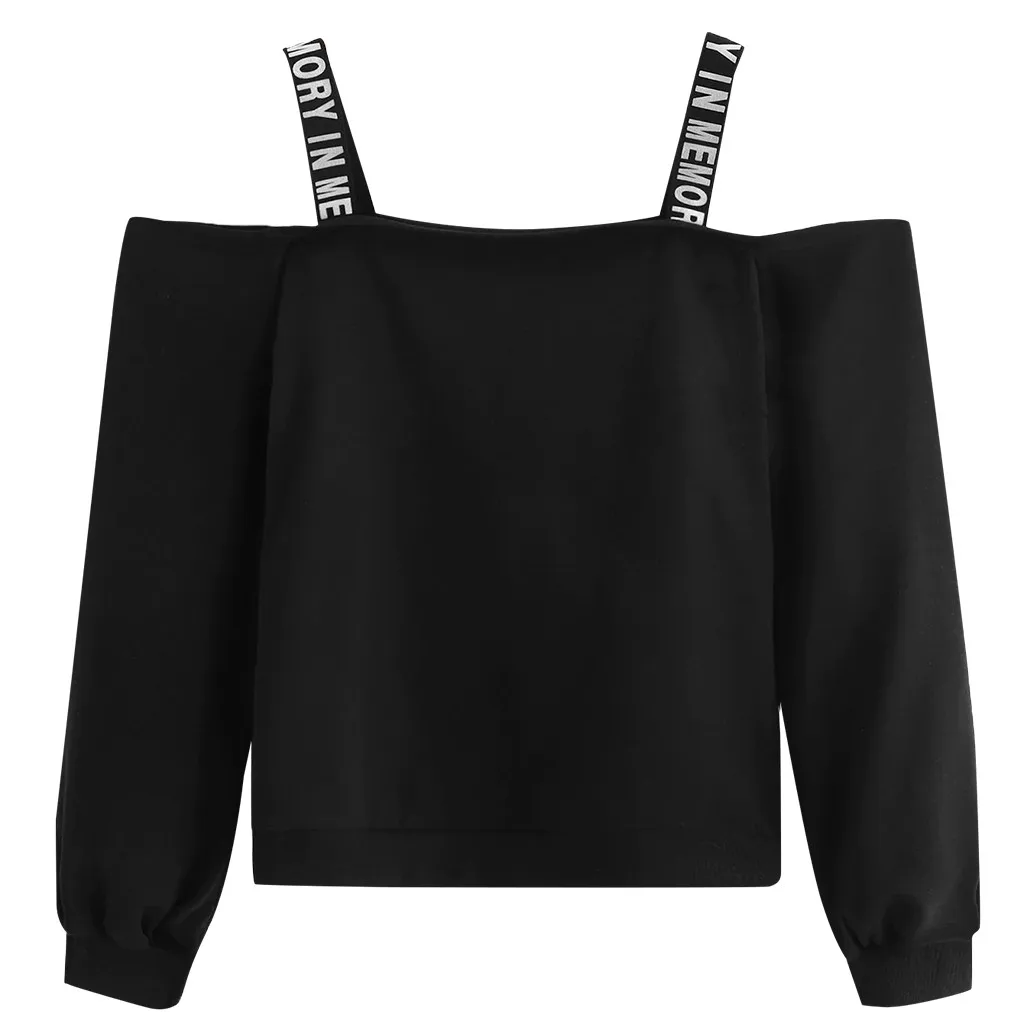 Black С открытыми плечами Кофты модные женские туфли с длинным рукавом свитшот с принтом в виде надписи пуловер Блуза Топ черный балахон bluza dresowa damska - Цвет: Black