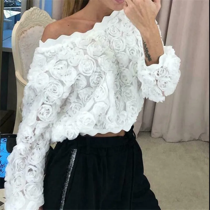 

Women's Fashion Lace Blouses New Autumn Lady Elegant Woman Loose Long Sleeve White Shirts Tops Stylish Crew Neck Flowers Blouses