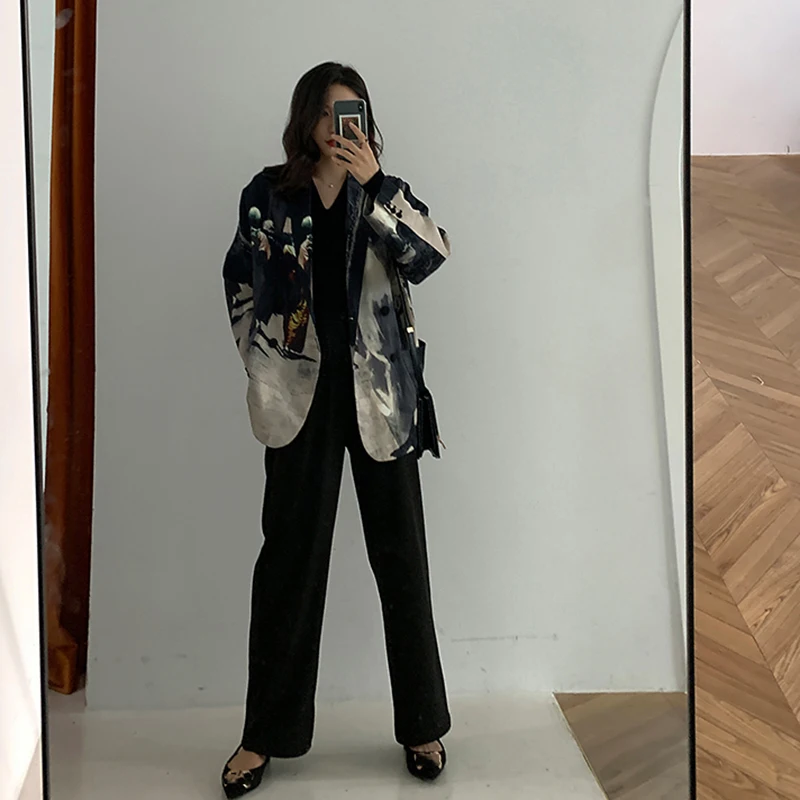 [EAM] Women Black Printed Back Striped Big Size Blazer New Lapel Long Sleeve Loose Fit Jacket Fashion Spring Autumn 2022 1W486 | Женская