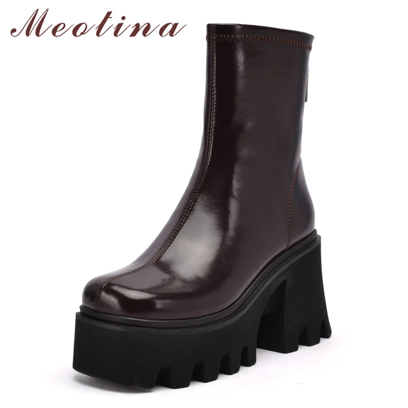 

Meotina Genuine Leather Med Calf Boots Shoes Women Platform Thick Heel Boots Super High Heel Square Toe Zipper Lady Boots Autumn