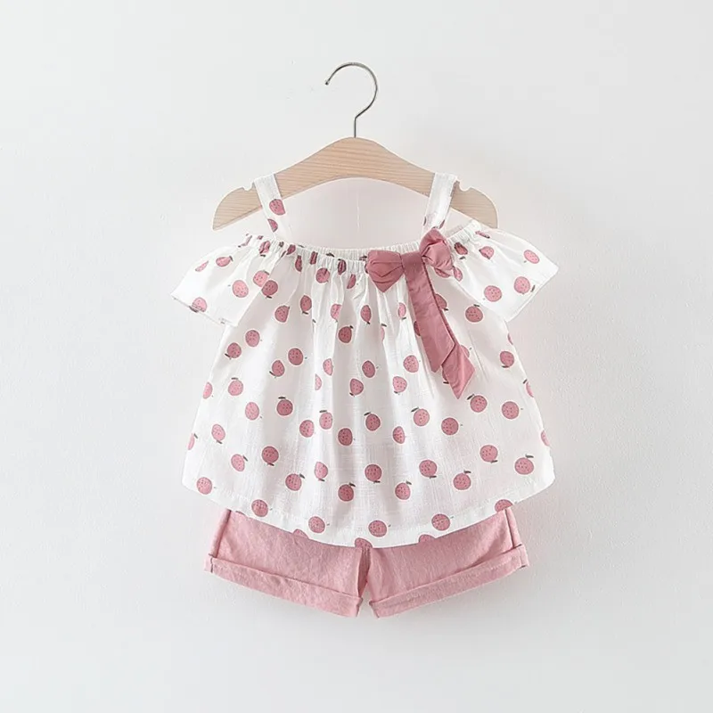 

Baby Girl Clothes Summer Baby Girls Shorts Set Casual Fruit Print Off-shoulder Strap T-shirt Tops+Shorts Suits Costume Set