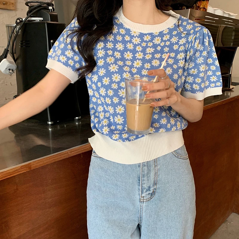 

Daisy Knitted Women Sweater Pullover 2021 Summer Short Sleeve O-neck Tops Korean Vintage Elegant Fashion Ladies Jumpers Femme