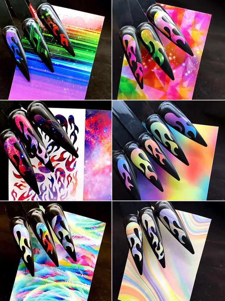 6 шт./компл. огненное пламя наклейки для ногтей Bling трафарет прозрачные огонь на