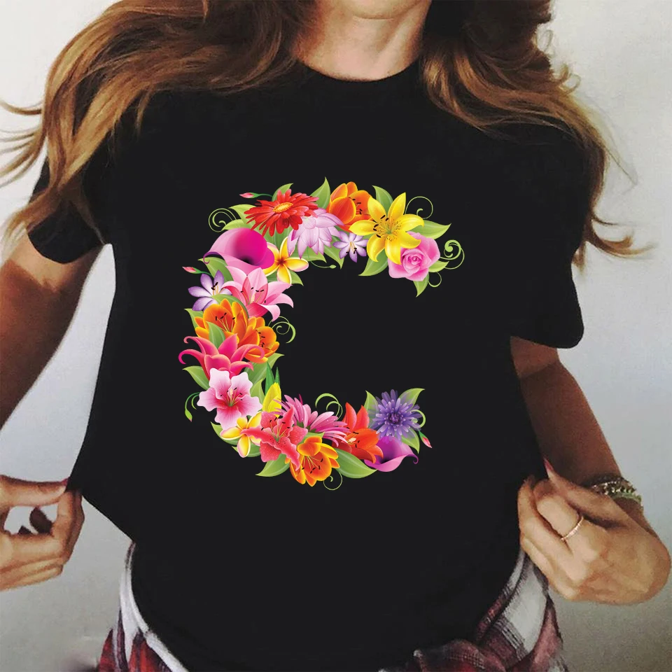 

Summer new style 3D printing flower 26 letters Harajuku T-shirt fashion trend short-sleeved casual sports top women's clothing