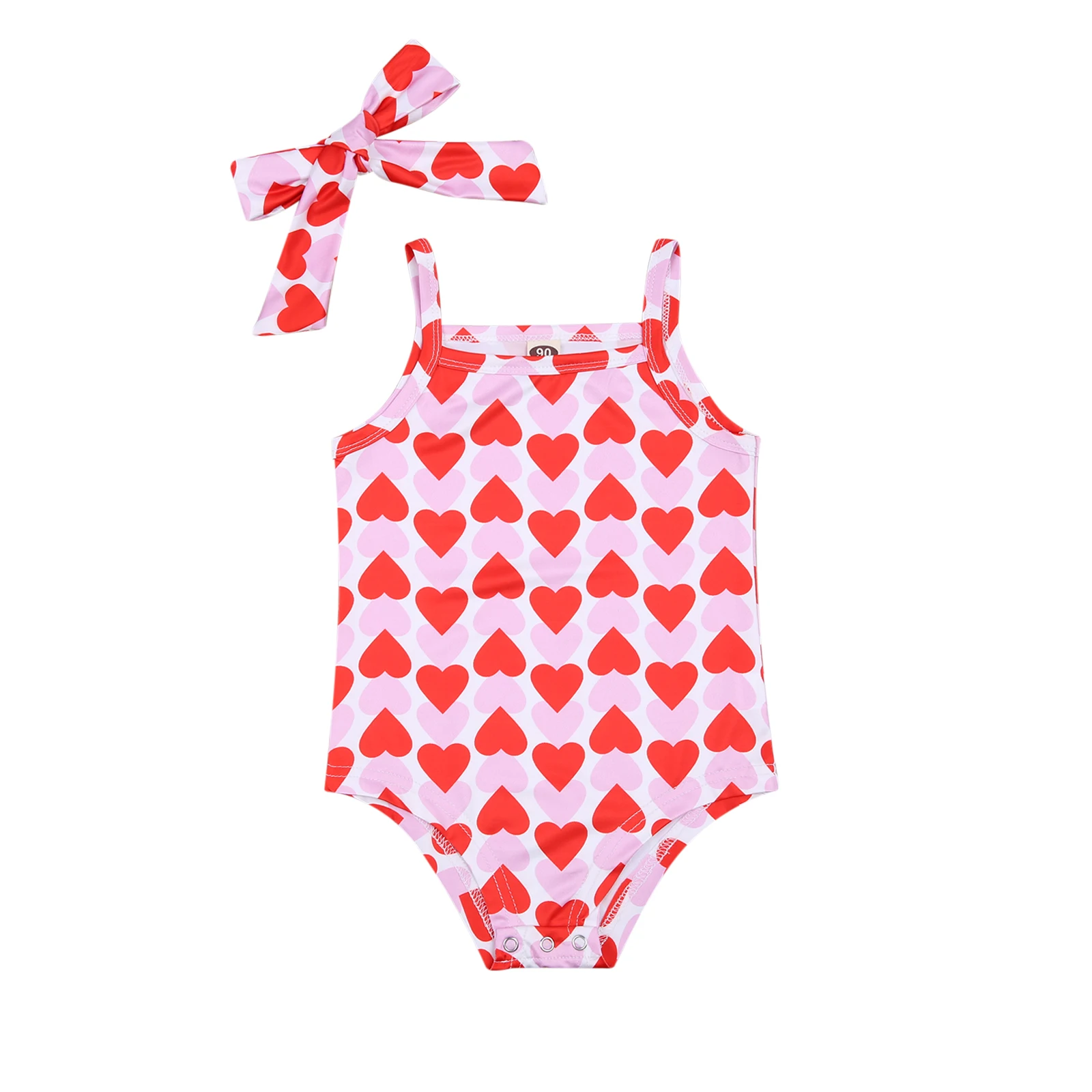 

Girl\u2019s Valentine's Day 2Pcs Romper Set Sleeveless Square Neck Heart Printed Triangle Sling Bodysuit with Headband