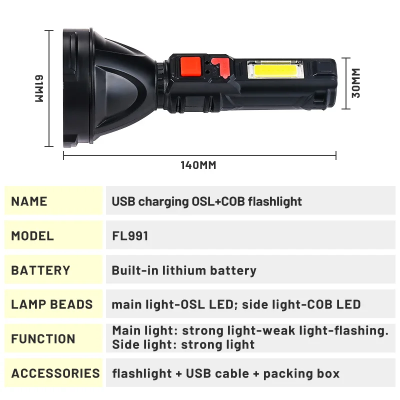 Сверхъяркая портативная вспышка с USB Перезаряжаемый свет COB боковые фонари s и