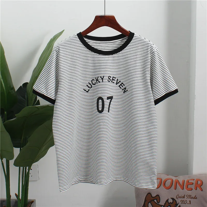 

2021 Summer Plus Size Casual Korean Ladies Top Half Sleeve Striped Cotton Letters Tees Contrast Color Striped Women T-shirt