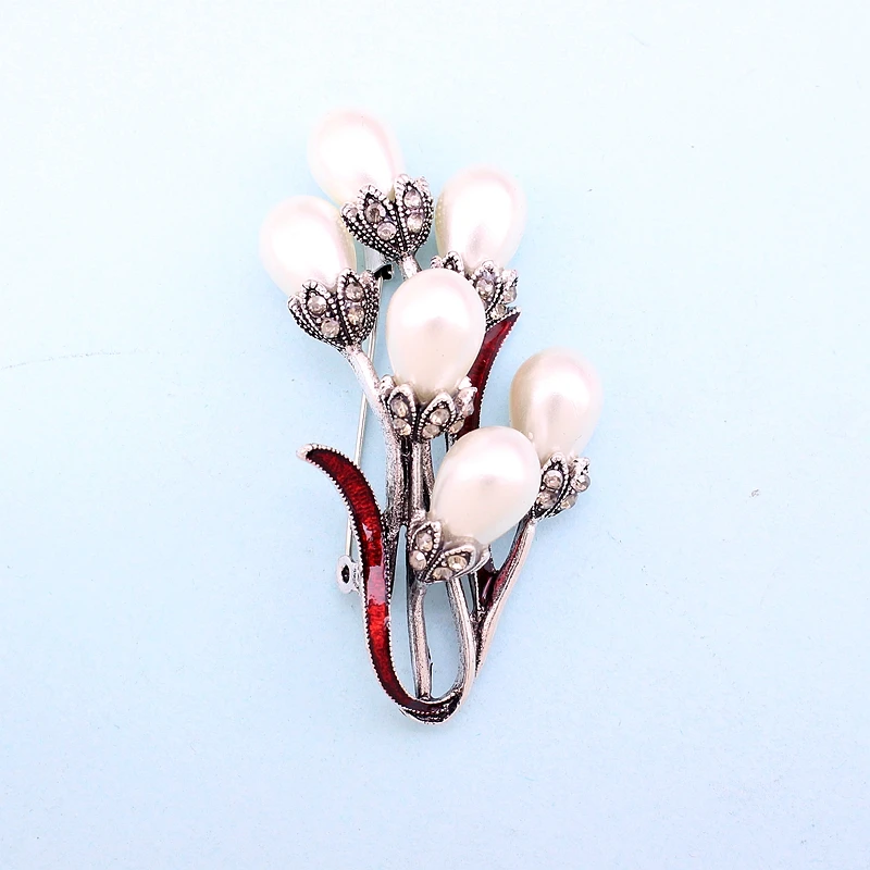 TANGTANG Flower Brooch For Women Simulated Pearl Brooches Morning Glory Antique Silver Plated Pin Enamel Article Jewelry | Украшения и