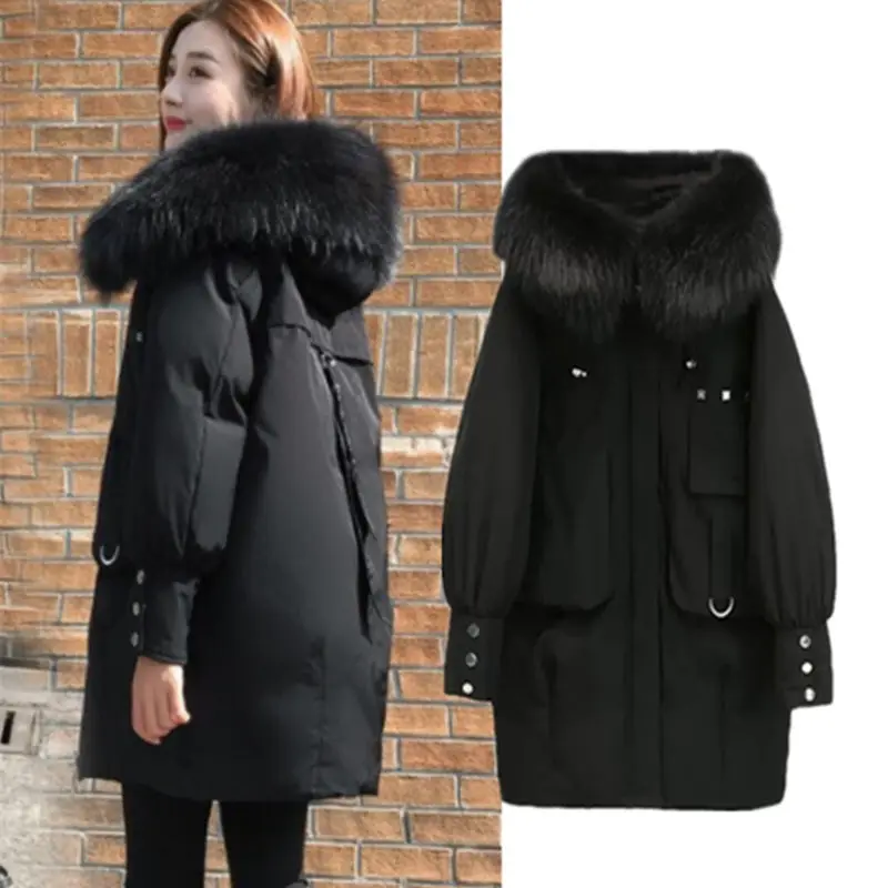 2019 зимние черные куртки большого размера модные пальто кокон с большим меховым
