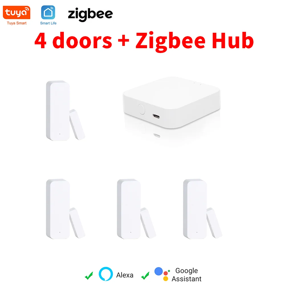 4 PCS Tuya Zigbee Door Sensors and 1 PCS Tuya Wireless Zigbee Hub for Smart Home Automation Work with Aleax, Google Home