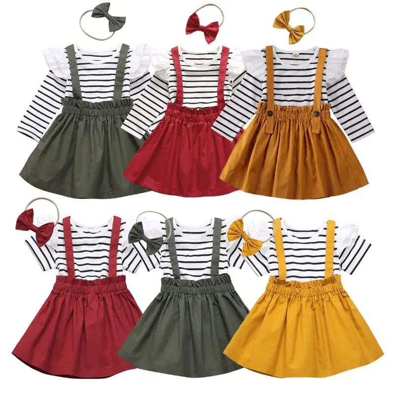 

2023 New Spring summer Fashion Toddler 3Pcs Baby Girls stripe Small flying sleeveT-shirt + Suspender Skirt Set Outfits For1-5Y