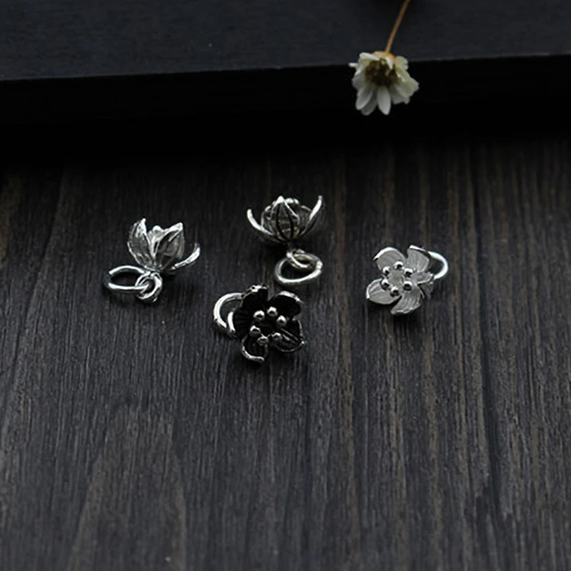 100% 925 Sterling Silver Color 9mm Retro Flower Small Pendant Fine Charm For Bracelets DIY Jewelry Making  Accessorie