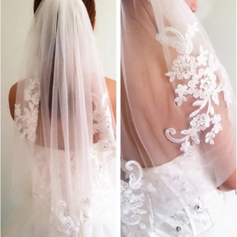 

One Layer Wedding Veil with Comb White Ivory Lace Applique Crystal Bridal Veils Wedding Accessories veu de noiva