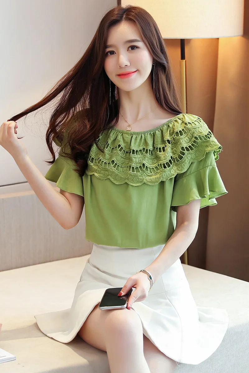 

COIGARSAM Short Sleeve blouse women New Summer Solid Chiffon Slash neck blusas womens tops and blouses Green 9993