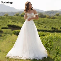 sevintage lace beach wedding dress princess appliques off shoulder bride dresses soft tulle open back boho wedding gown 2020