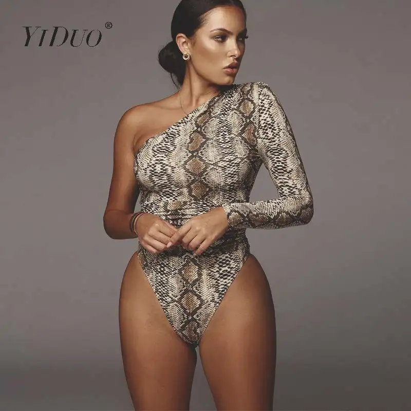 

YiDuo One Shoulder Fashion Snake Print Sexy Bodysuits Short Romper Womens Jumpsuit Slim Long Sleeve Female Leopard Body Mujer