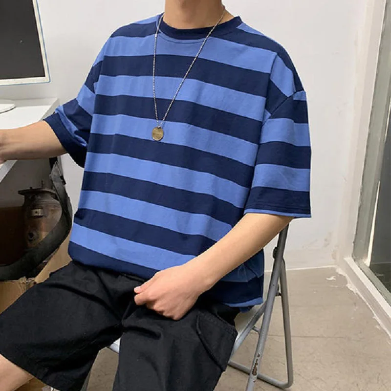 

Striped short-sleeved t-shirt summer Harajuku oversize middle-sleeved top zebra pattern stitching T-shirt Cotton 5XL Tee clothes