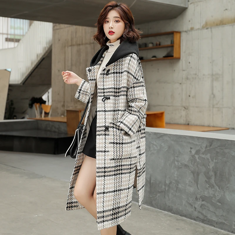 

New Plaid Wool Jacket Women Horn Buttoned Woolen Color-Spliced Hooded Loose Casual Comfortable Ladies Long Winter Coat 2020