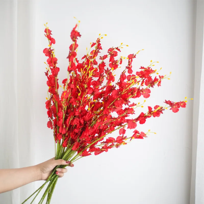 Red Искусственный танцующий орхидея желтый поддельный цветок Oncidium Шелковый цветок пластиковый цветок большой пять вилка фаленопсис украшение дома - Цвет: Red