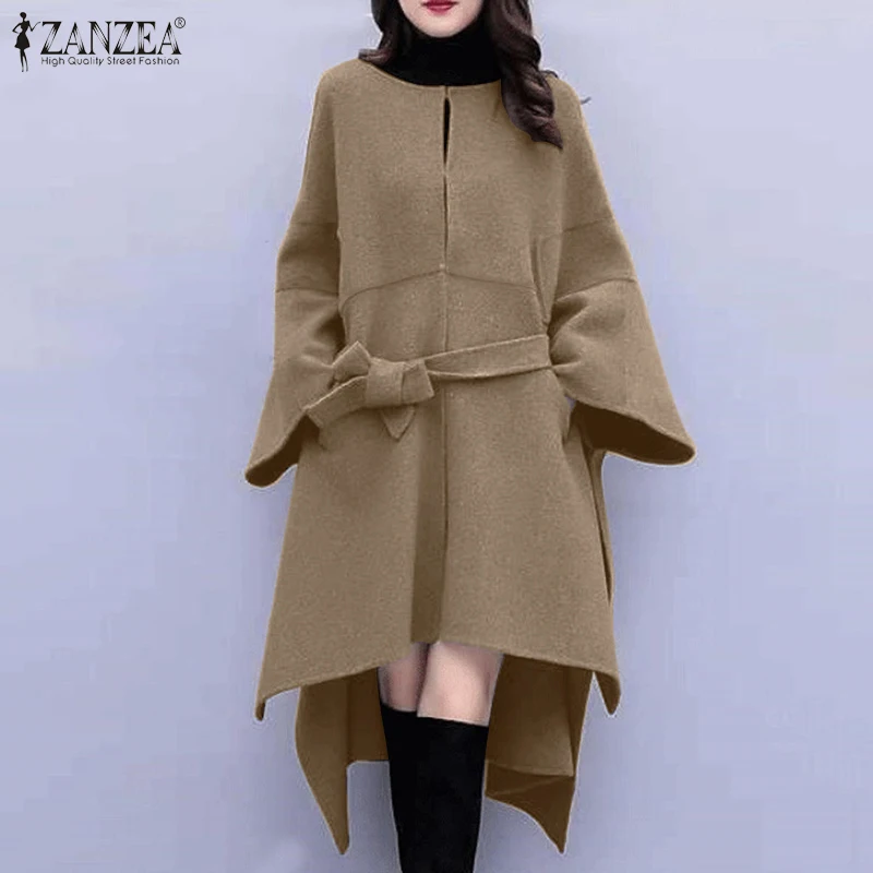 

ZANZEA Stylish Autumn Winter Long Sleeve Irregular Jackets Elegant Women Coats Casual Open Front Outwear Belted Woolen Coat